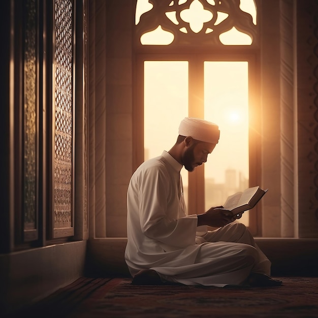 Beautiful Sunset Mosque Muslim Reading Quran Generative AI