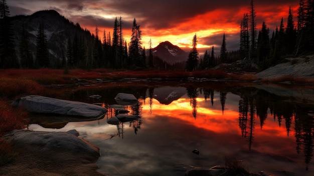 A beautiful sunset over a mountain lake with a mountain in the background.