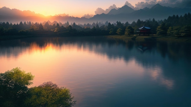 A beautiful sunset over a mountain lake