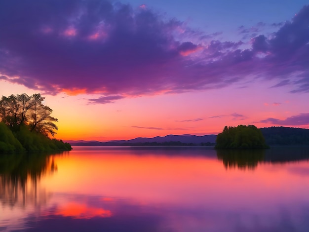 Beautiful sunset in the mountains panorama lake landscape with Blue sky fluffy clouds AI image