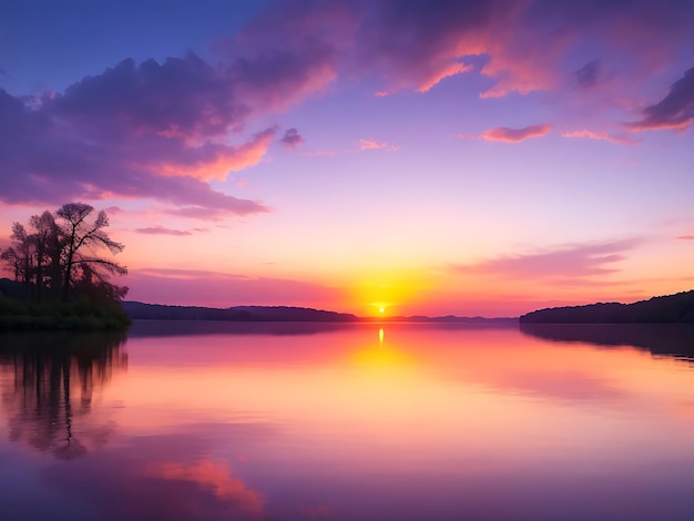 Beautiful sunset in the mountains panorama lake landscape with Blue sky fluffy clouds AI image