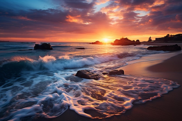 a beautiful sunset over the ocean and beach