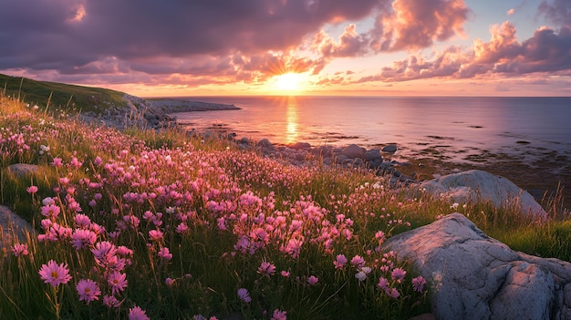 A beautiful sunset over the ocean with pink flowers in the foreground