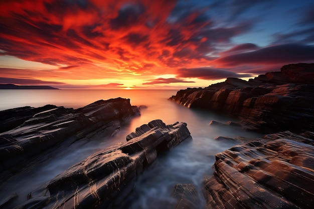 a beautiful sunset on the ocean with rocks