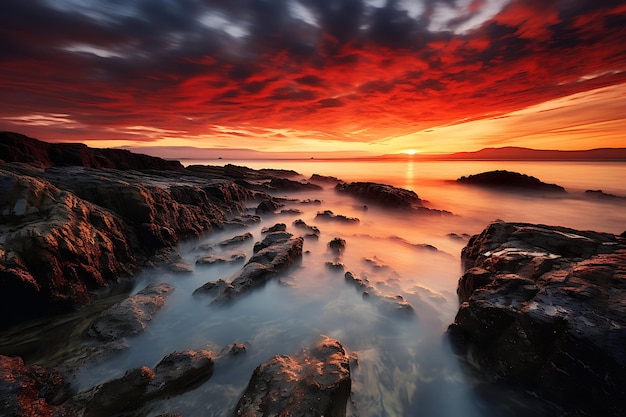 a beautiful sunset on the ocean with rocks