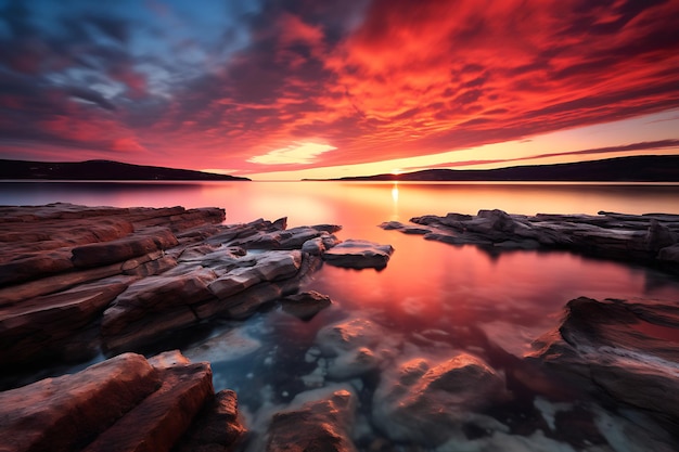 a beautiful sunset on the ocean with rocks