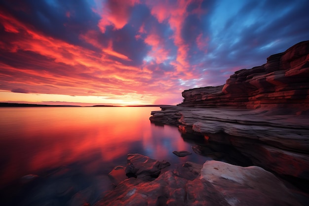 a beautiful sunset on the ocean with rocks