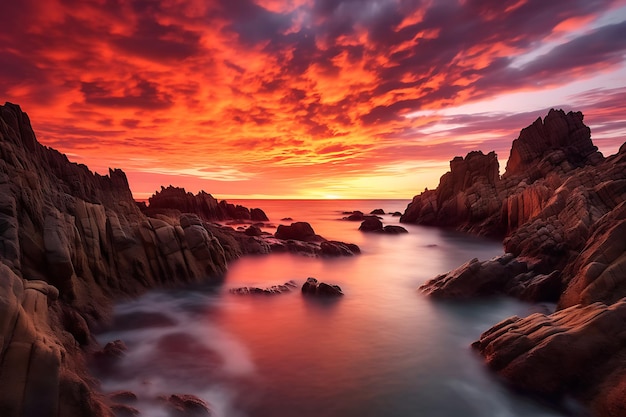 a beautiful sunset on the ocean with rocks