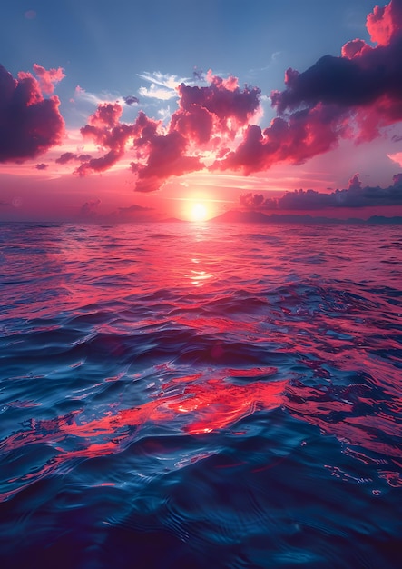 A beautiful sunset over the ocean with the sun setting in the water