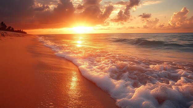 A beautiful sunset over the ocean with waves crashing on a sandy beach