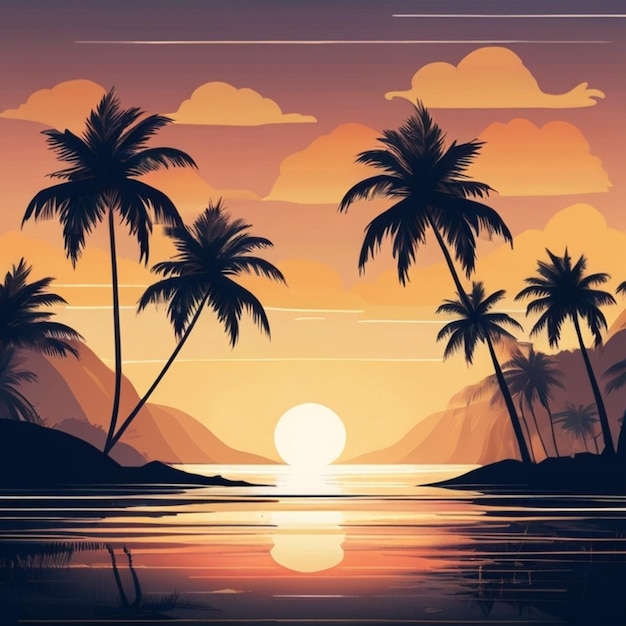 A beautiful sunset over the palm tree on an exotic beach creating a stunning and colorful background