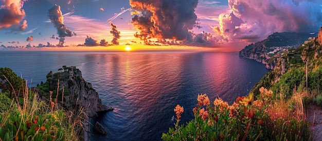 Beautiful sunset over the Panoramic view of the coast at sunrise with blue sky and orange clouds