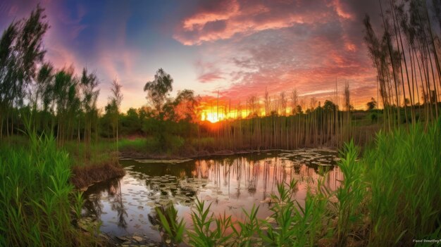 A beautiful sunset over a pond with a few plants and a few trees