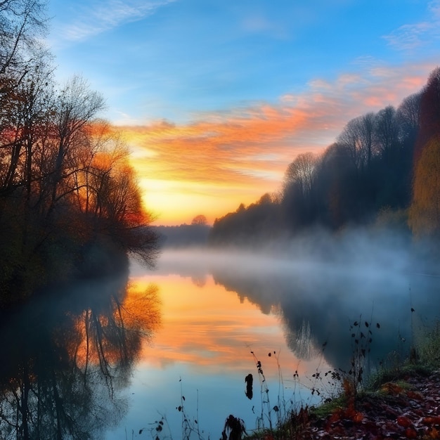 A beautiful sunset over a river with a foggy sky and a tree on the left side.