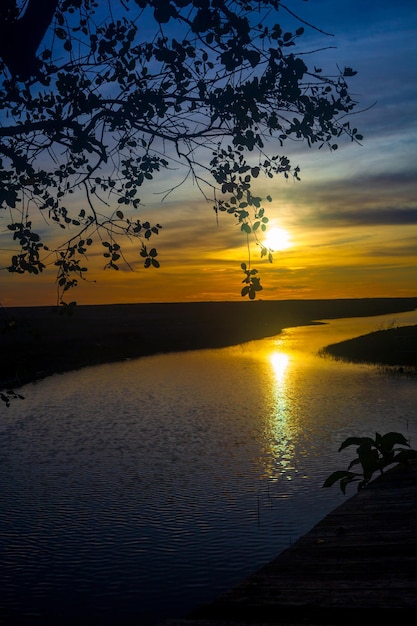 Beautiful sunset at river with silhouette of trees