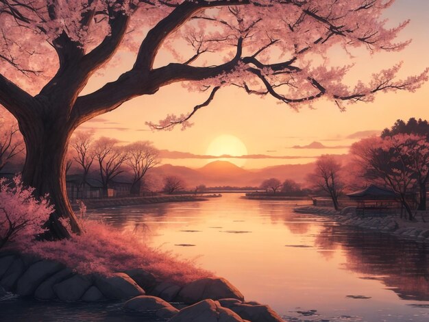 The beautiful sunset scene with a river and spring tree