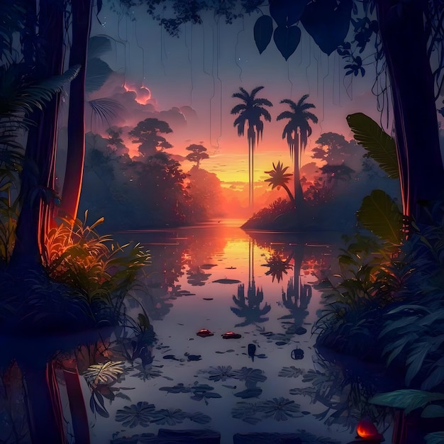 Beautiful Sunset Scenery amazon jungle illustartion