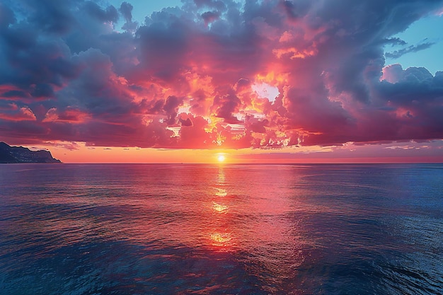 Beautiful sunset over sea calm water surface warm colors orange and pink tones