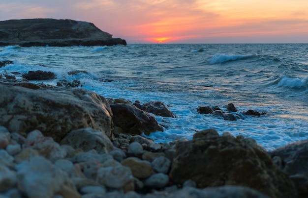 Beautiful sunset on the sea coast in Crimea