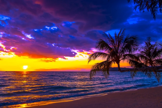 Beautiful sunset over the sea on tropical beach with palm tree and colorful sky for travel and vacationxA