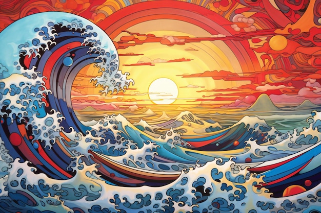 Beautiful sunset in the sea with waves Colorful illustration