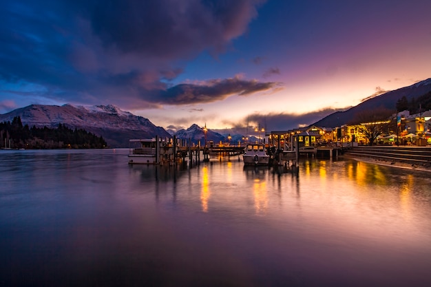 Beautiful sunset sky of port of lake wakatipu south land new zealand