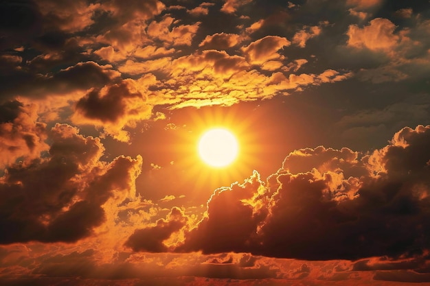 Beautiful sunset sky with clouds and sun Sunset sky background