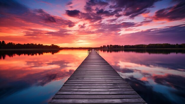 Photo beautiful sunset sky with reflection at lake and wooden dock