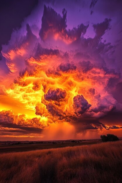 Photo beautiful sunset sky with vibrant clouds over a grassy landscape