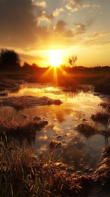 Beautiful sunset over a small river in the Netherlands Rural landscape