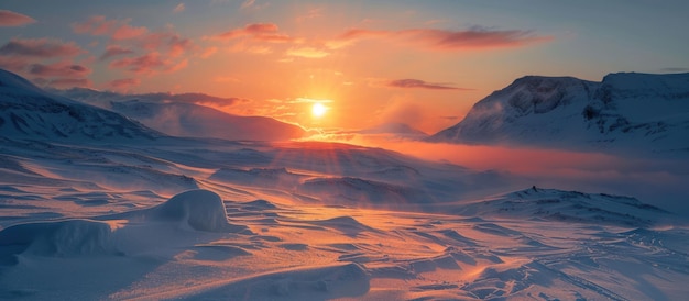 Photo a beautiful sunset over a snowy landscape the sky is filled with clouds and the sun is setting casting a warm glow over the snow the scene is peaceful and serene