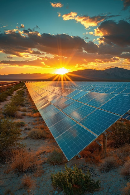 Beautiful sunset over a solar panel farm in a desert landscape with mountains in the background and dramatic clouds in the sky