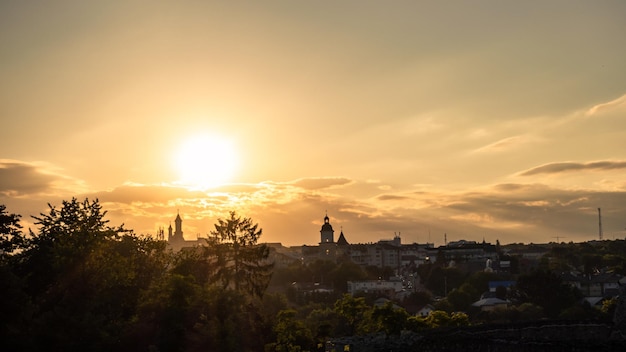 Beautiful sunset over Suceava city in Romania.