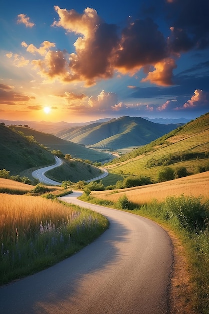 Beautiful sunset Summer landscape with blue sky clouds road