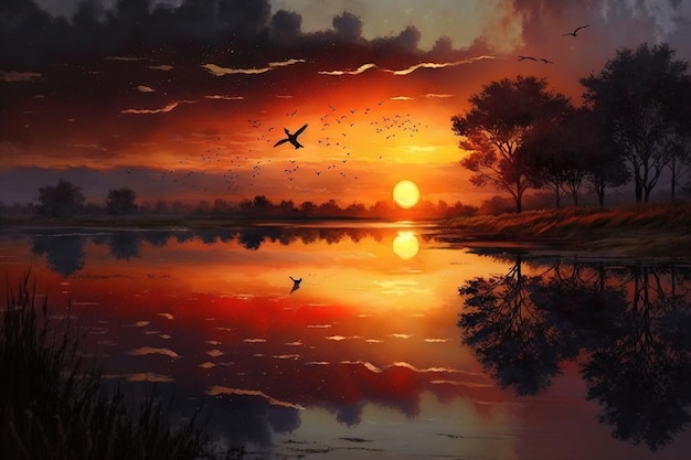 Beautiful sunset or sunrise illustration digital art design