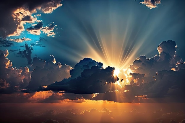 Beautiful sunset sunshine shining through clouds on a backdrop of blue sky