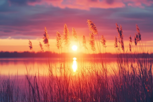 Photo beautiful sunset over a tranquil lake with tall grasses at the waters edge