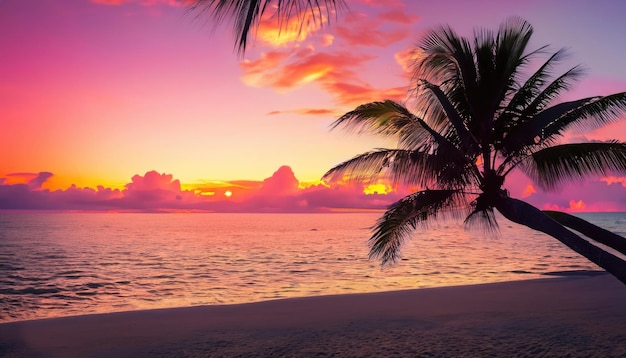 Beautiful sunset tropical beach with palm tree and pink sky