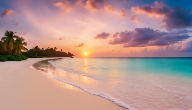 a beautiful sunset on a tropical beach with a palm tree and a tropical island in the background