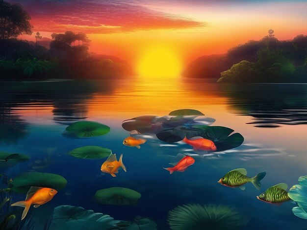 A beautiful sunset over a tropical pond fish swimming peacefully