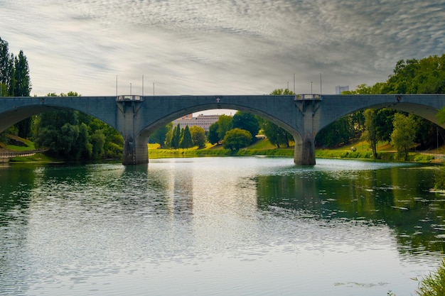 Beautiful sunset view of the arch bridge over the river Po in the city of Turin Italy