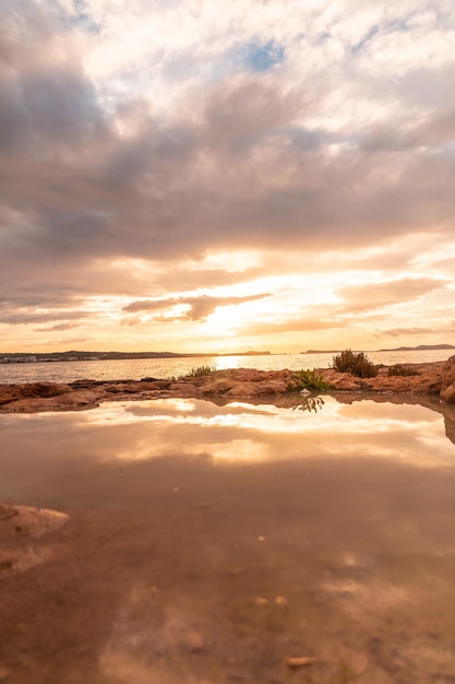 Beautiful sunset on the west promenade in San Antonio Abad Ibiza Island Balearic