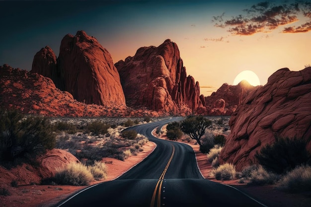 Beautiful sunset with beautiful red rock formations along desert road created with generative ai