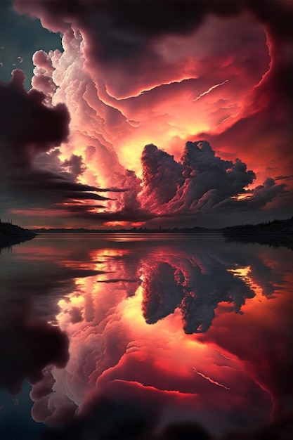 Beautiful sunset with clouds reflecting in the water generative ai