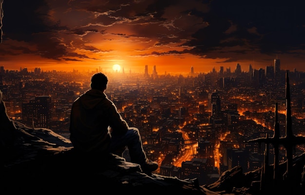 Beautiful sunset with loneliness Silhouette of person sitting on sunset Generative AI