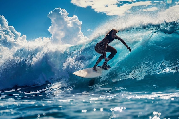 Beautiful surfer girl on blue ocean wave