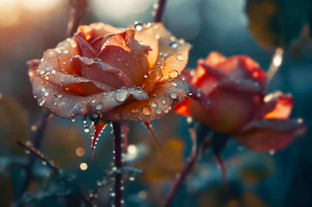 Beautiful Surreal roses with dew drops closeup at golden hour Floral background Generative AI illustration