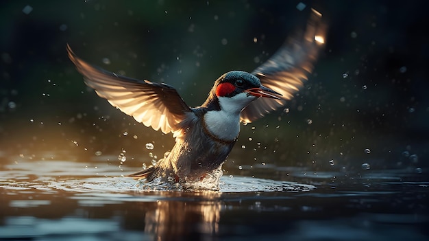 Beautiful Swallow catching a fish cinematic lighting generative ai