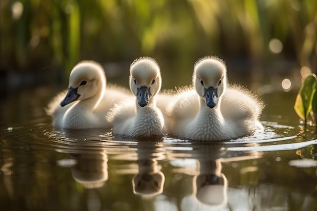 Beautiful swan cubs at the pond generative ai