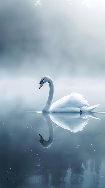 Photo a beautiful swan glides gracefully over a misty lake in a scene of tranquility and harmony with